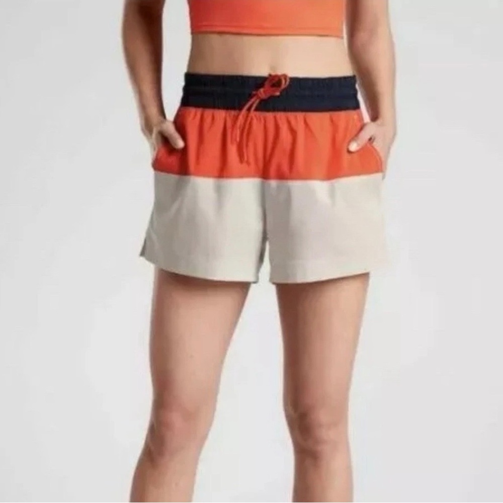 Athleta Women's Size 4 Oahu Colorblock Shorts Orange Navy Cream Drawstring Waist